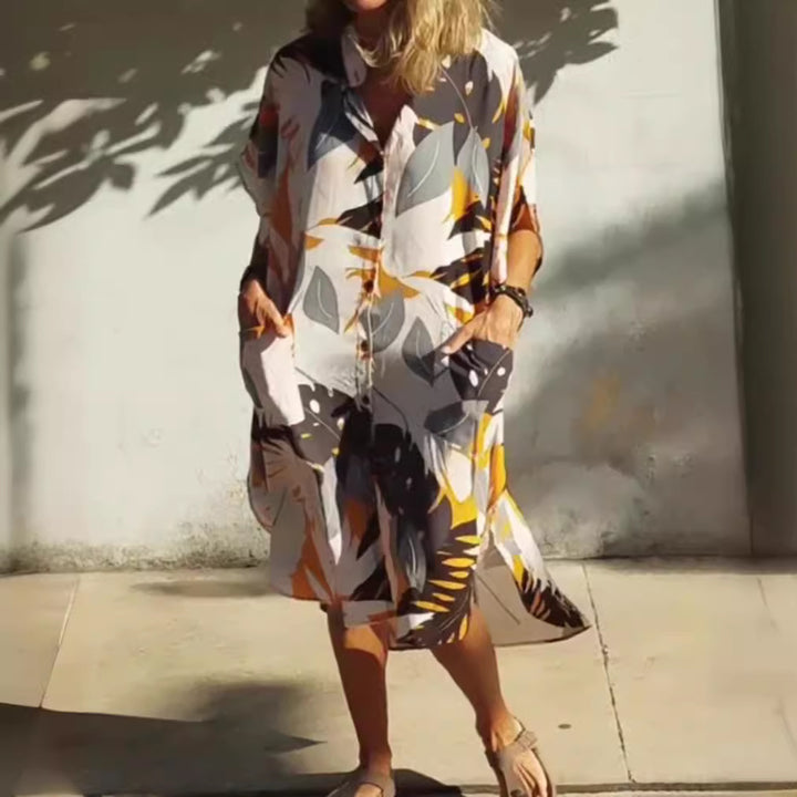Damen nan luftig-leichtes Kaftan-Hemdkleid mit überschnittener Schulter, verdeckter Knopfleiste und seitlichen Eingrifftaschen Drune
