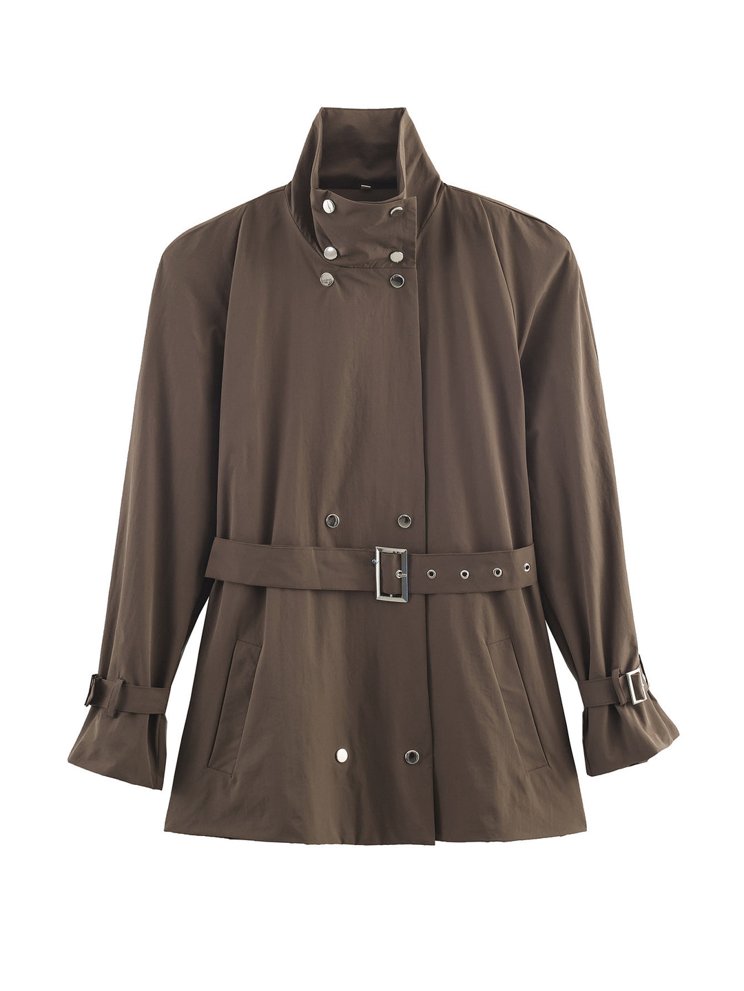 Damen Kurz geschnittener taillierter Trenchcoat mit Stehkragen und Bindegürtel Drune