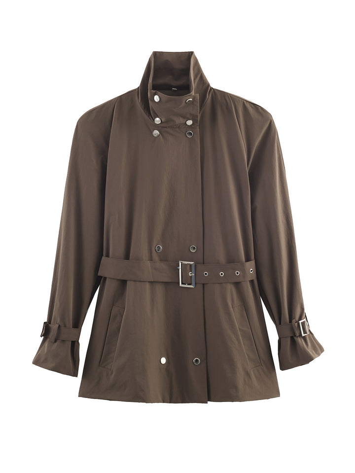 Damen Kurz geschnittener taillierter Trenchcoat mit Stehkragen und Bindegürtel Drune