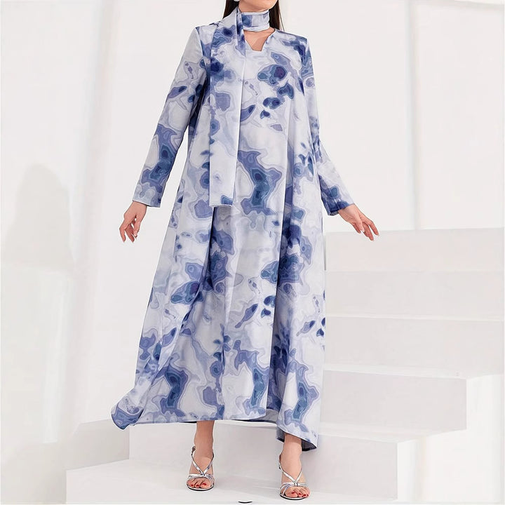 Damen Maxikleid mit kunstvollem Muster und elegantem Stehkragen Drune