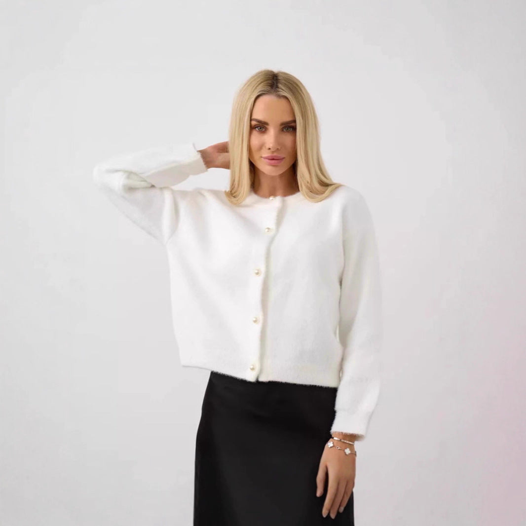 Damen Flauschiger Strick cardigan mit Perlenknöpfen Drune