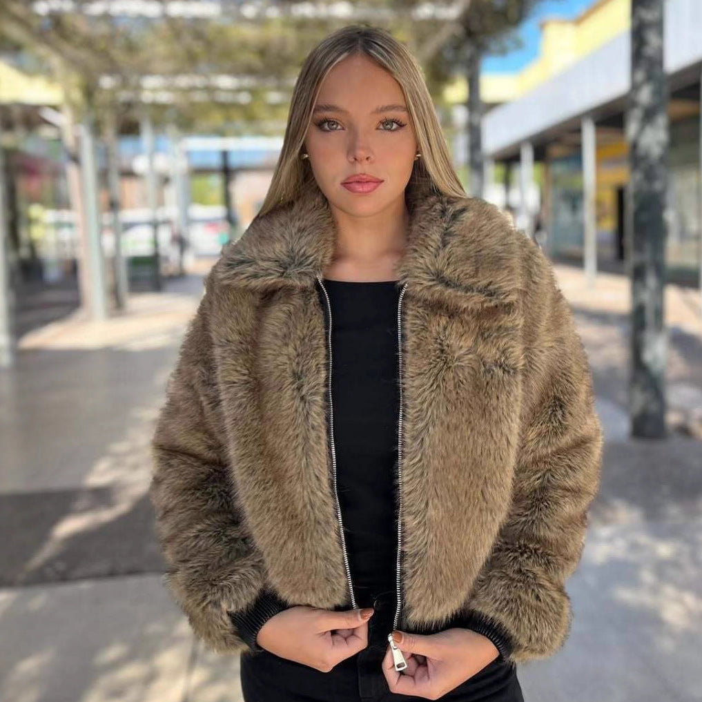 Damen Kurze Faux-Fur Bomberjacke mit Reißverschluss und Rippsaum Drune