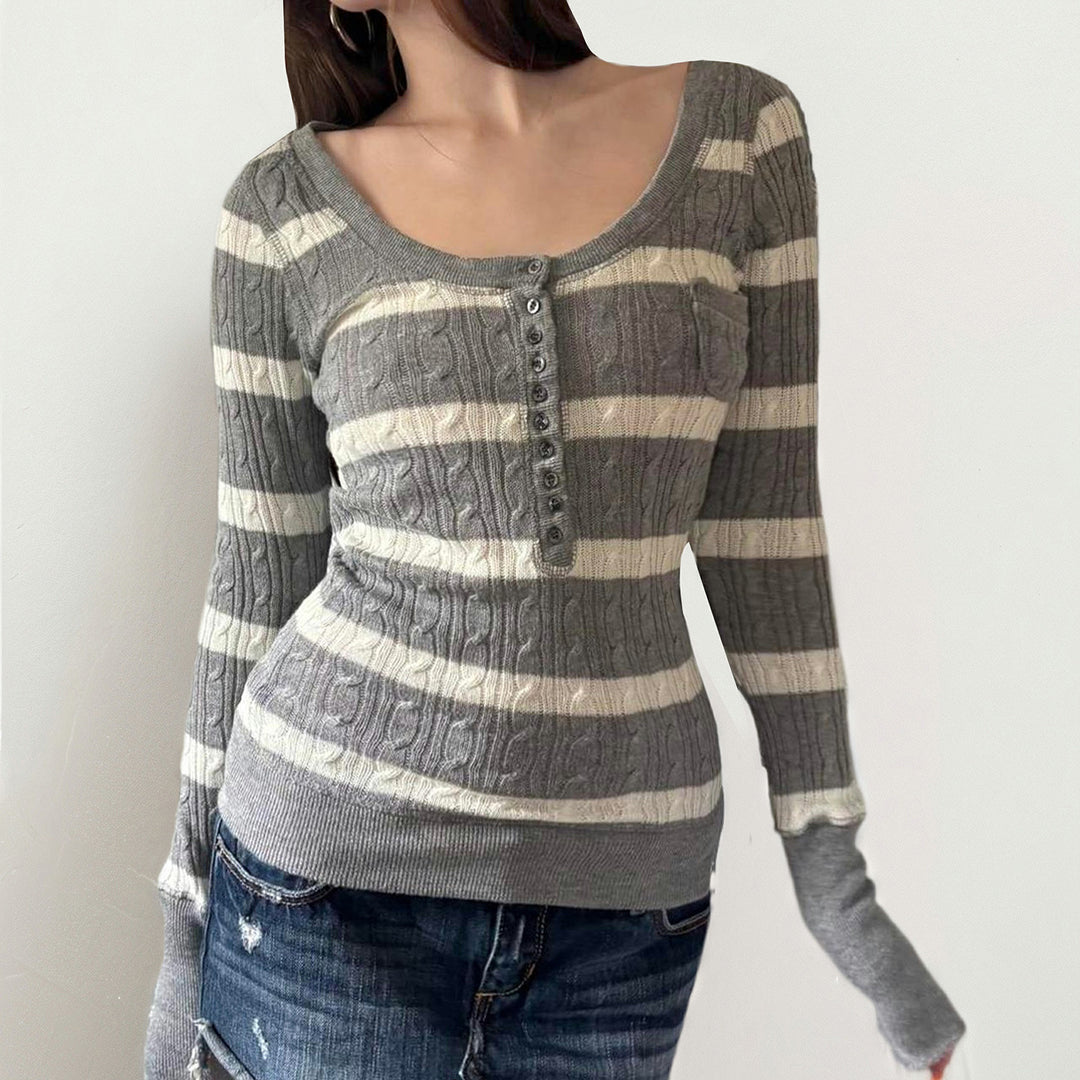 Damen Gestreifter Feinstrick-Pullover mit Zopfmuster und Knopfleiste Drune