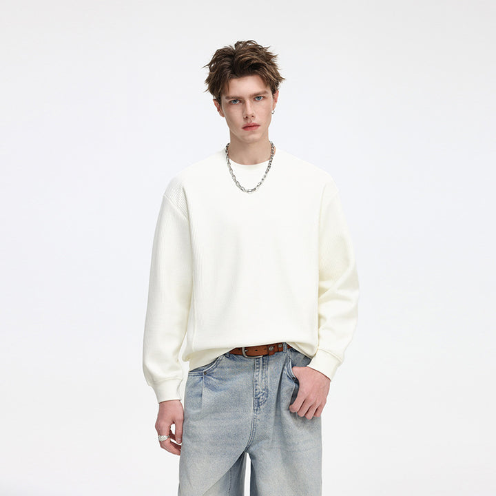 Herren Waffelstrick Rundhals‑Sweatshirt mit relaxed Fit und gerippten Bündchen Drune