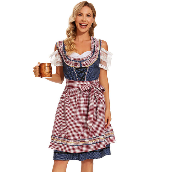 Damen nan traditionelles Dirndlkleid mit kariertem Schürzenrock, Schnürung und Spitzenärmeln Drune