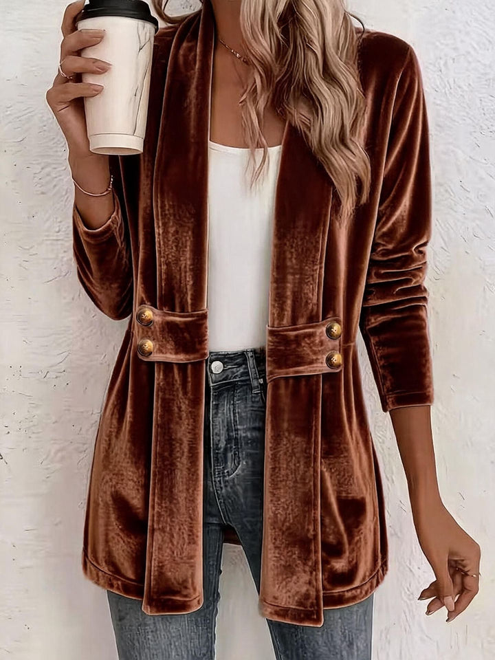 Damen Samt-Longblazer mit Schalkragen und dekorativen Knopfriemen Drune