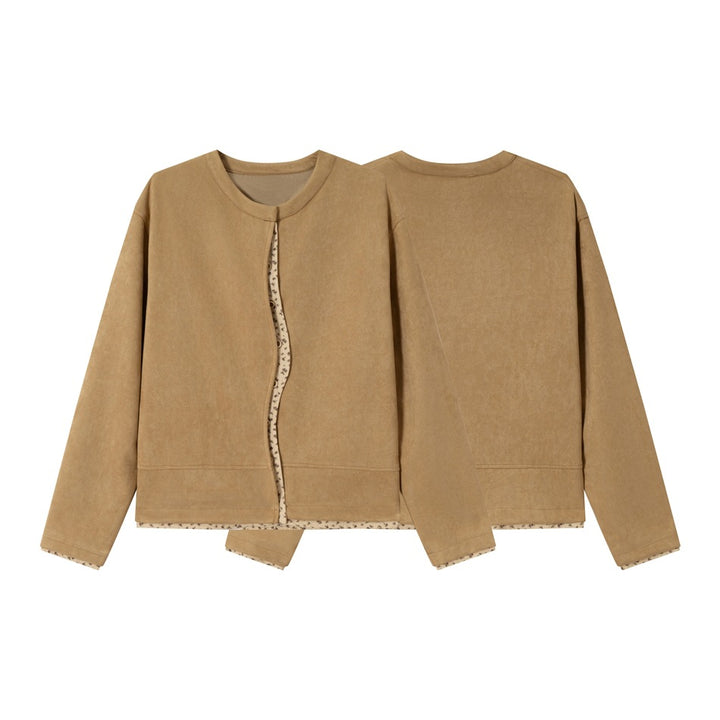 Damen Kurz geschnittene Wildlederoptik Blousonjacke mit Rundhalsausschnitt, verdeckter Knopfleiste und floralem Innenbesatz Drune