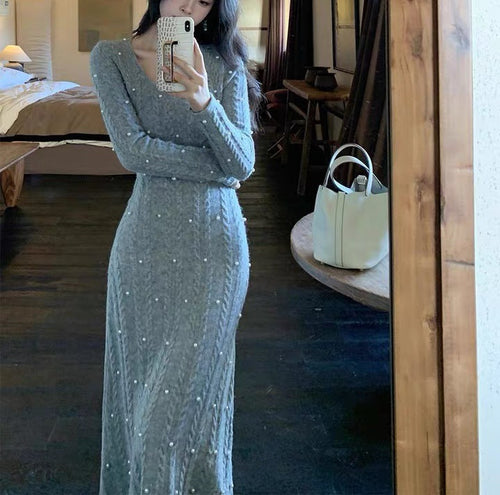 Damen Strickkleid mit Zopfmuster und Perlenspitze Drune