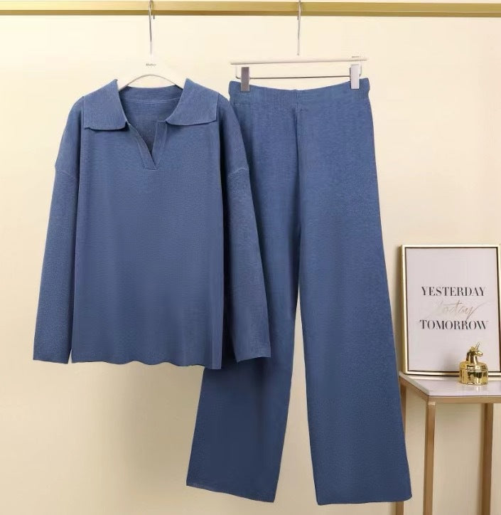 Damen Elegantes Freizeithosen- und Blusen-Set mit Kragen Drune