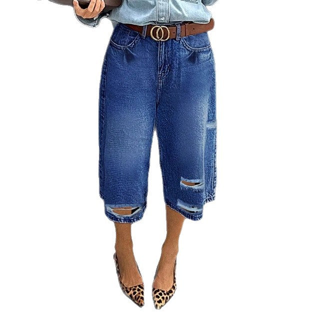Damen Hochtaillierte Denim-Culotte mit Destroyed-Einsätzen und rohem Saum Drune