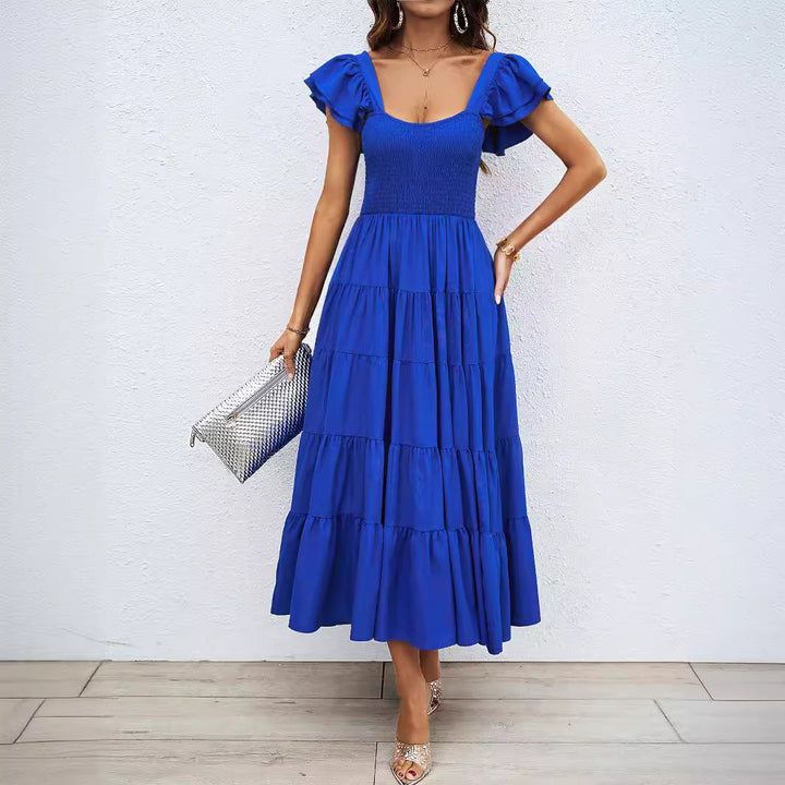Damen Maxikleid mit voluminösen Rüschendetails und schwingendem Rock Drune