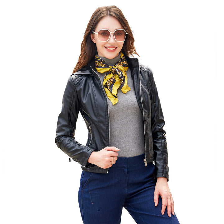 Damen nan taillierte Kunstlederjacke mit Kapuze, wattiertem Innenfutter und verdeckten Reißverschlusstaschen Drune
