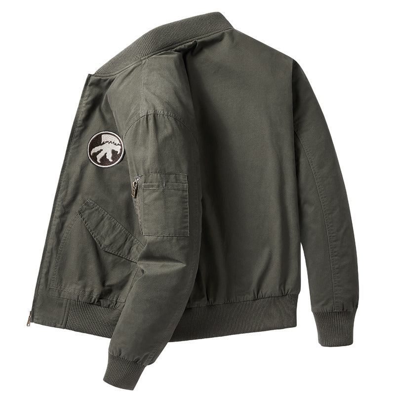 Men's  short-length flight bomber jacket with embroidered shoulder patch sleeve zip pocket and ribbed collar cuffs hem Drune