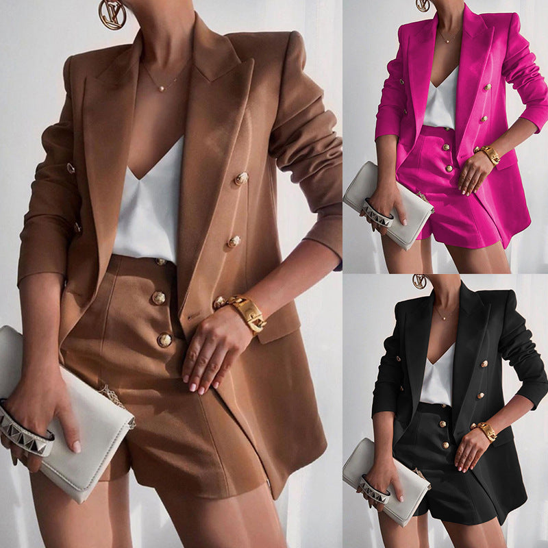 Damen Blazer-Shorts Ensemble mit Eleganter Knopfleiste und Modernem Schnitt Drune
