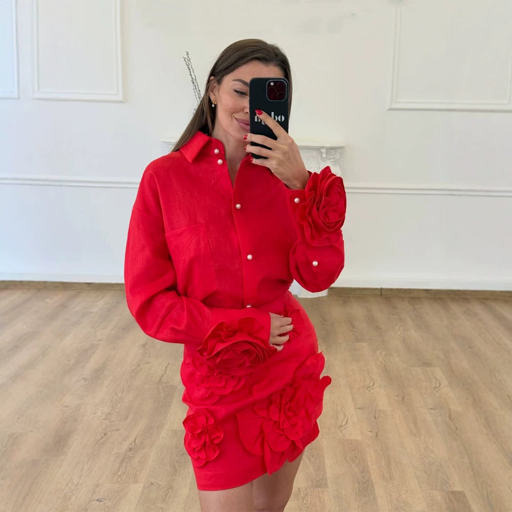 Damen Hemdblusen-Minirock-Set mit voluminösen 3D-Rosenapplikationen und Perlendetails Drune