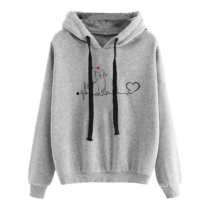 Damen nan leichter Oversize Kapuzenpullover mit Herz‑EKG‑Motiv, langen Kordeln und elastischem Bund Drune