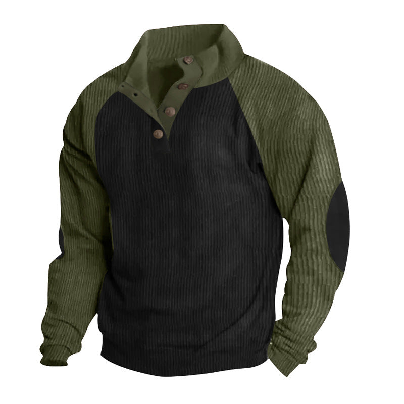 Herren nan Cordoptik-Halbknopf-Pullover mit Stehkragen, Raglanärmeln und Ellenbogenpatches Drune
