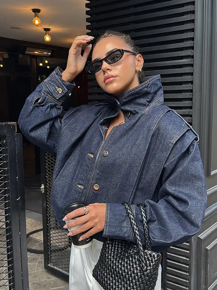 Damen Oversize Jeansblouson mit hohem Stehkragen, Druckknopfleiste und Schulter-Detail Drune