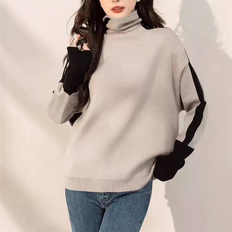 Damen Lässiger Rollkragenpullover mit Kontrastärmel Drune