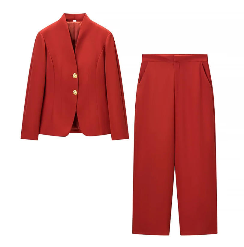 Damen Zweiteiliges Tailored-Blazer- und Highwaist-Hosen-Set mit goldknopf-Detail Drune