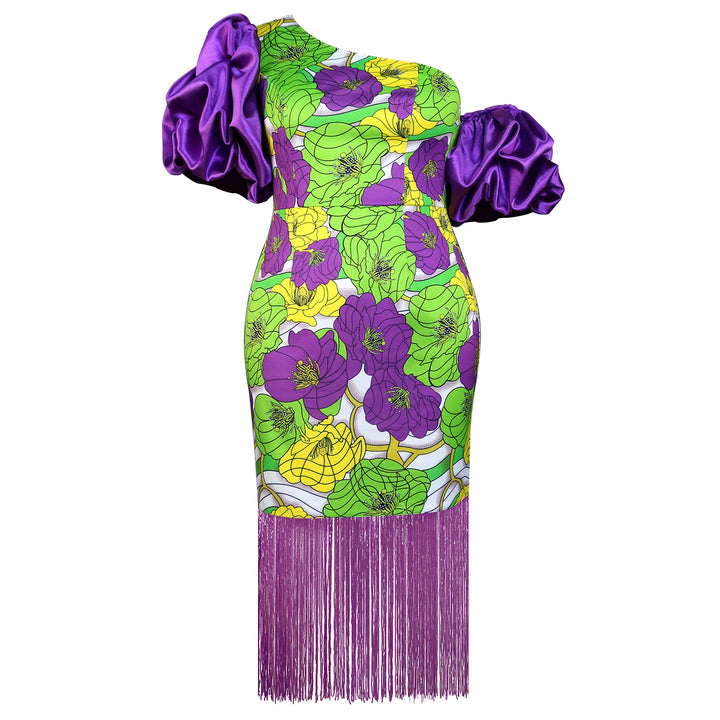 Damen Elegantes Schulterfreies Kleid mit voluminösen Puffärmeln und Fransen Drune