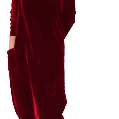 Damen Elegantes Samt Maxi Kleid mit Hohem Rollkragen, Seitentaschen und Lockere Silhouette Drune