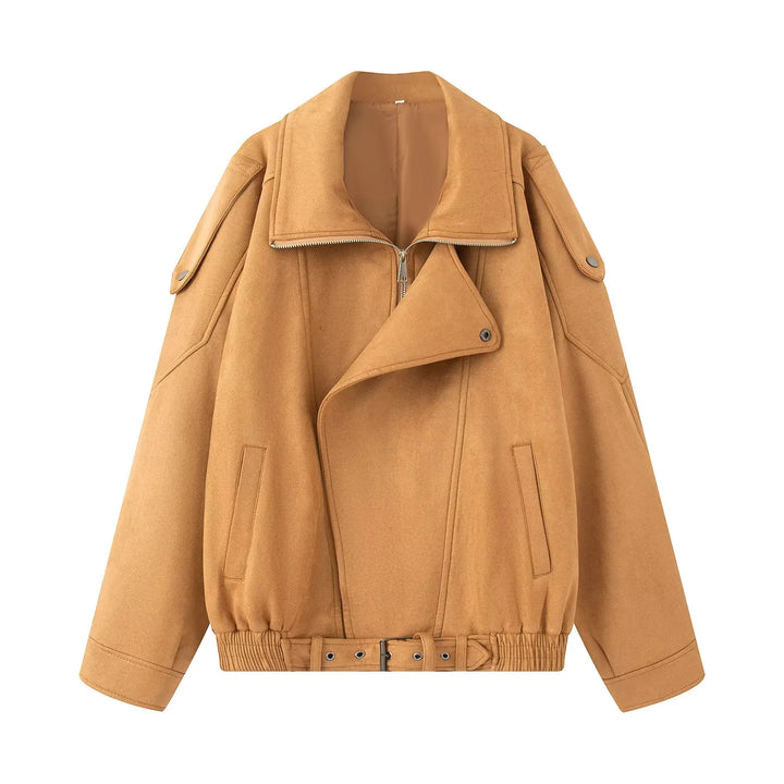 Damen nan oversized Blousonjacke im Veloursoptik mit breitem Schalkragen, Tunnelzugbund und Gürtel Drune