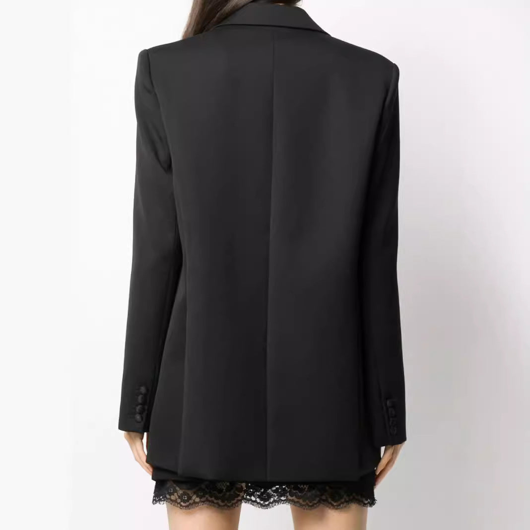 Damen Oversize Einreihiger Longblazer mit Satin-Schalkragen und cleanem Tailoring Drune