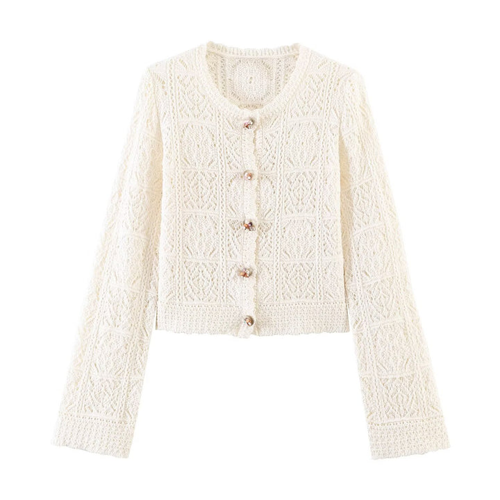 Damen Häkelstrick-Cardigan mit Rundhals, filigranem Lochmuster und Zierknöpfen Drune