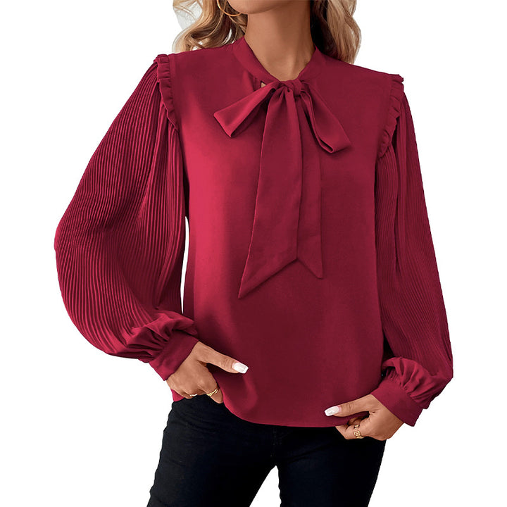 Damen Plissierte Chiffon-Bluse mit Schleifenkragen, Ballonärmeln und Rüschendetail Drune