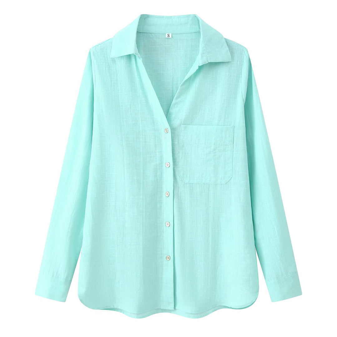 Damen Leichte Oversize-Leinenbluse mit Brusttasche und Hemdkragen Drune