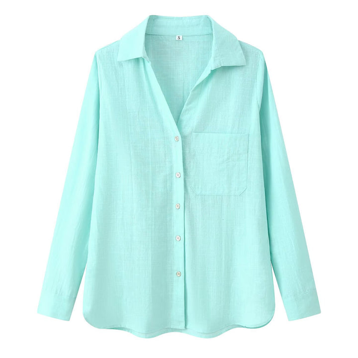 Damen Leichte Oversize-Leinenbluse mit Brusttasche und Hemdkragen Drune
