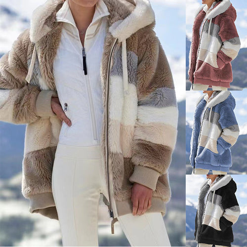 Damen nan oversized Kunstfelljacke mit Kapuze, Blockstreifen-Optik und zweifachem Reißverschluss Drune
