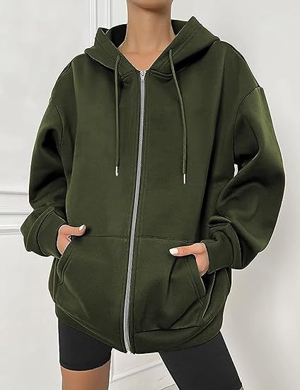 Damen nan oversized Zip-Kapuzenjacke mit kontrastierendem Reißverschluss, doppellagiger Kapuze und Kängurutasche Drune