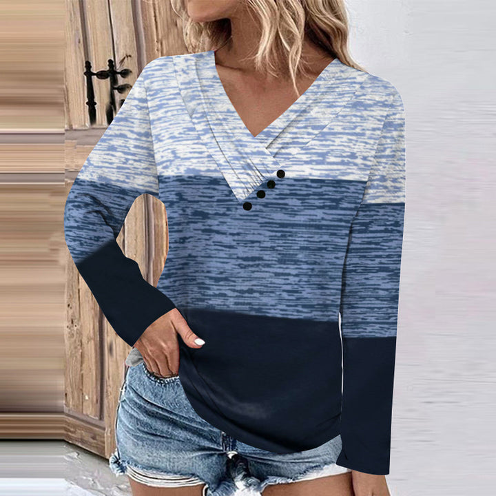 Damen Gerippter V-Ausschnitt Pullover mit Farbverlauf, Zierknöpfen und legerer Passform Drune