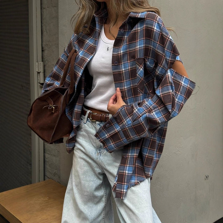 Damen karierte Oversize-Hemdjacke mit Cut-Out-Ärmeln und rohem Saum Drune