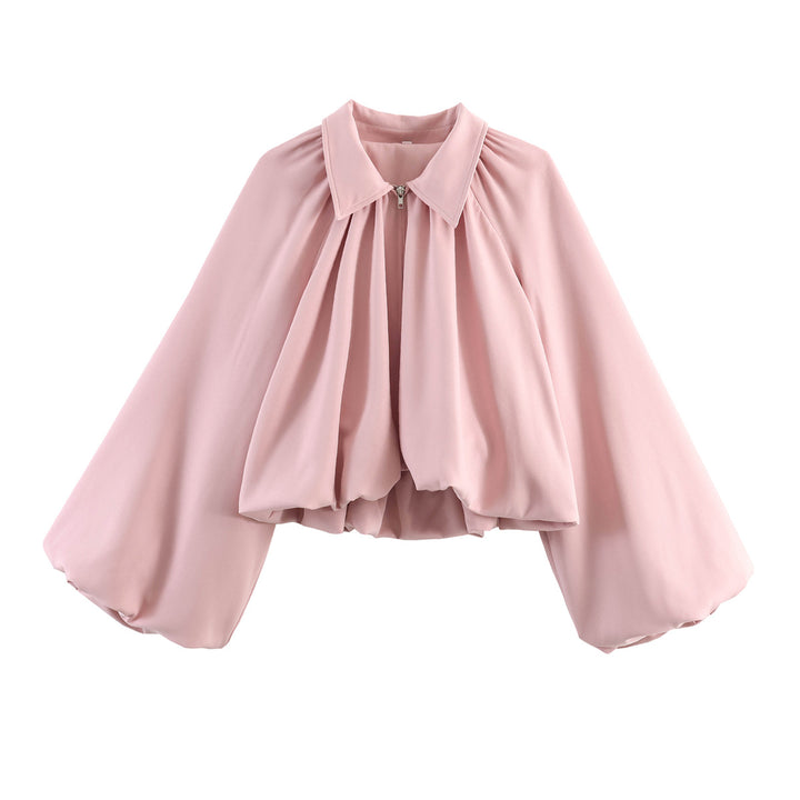 Damen Kurze Cape-Jacke mit voluminösen Ballonärmeln, Stehkragen und Reißverschluss Drune