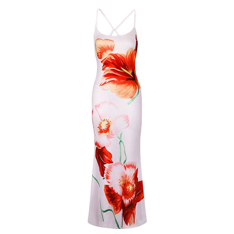 Damen Maxikleid mit elegantem Blumenmuster und zarten Spaghetti-Trägern Drune