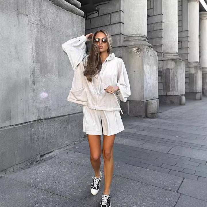 Damen lässige Fleece-Jacke mit Kapuze und weitem Schnitt Drune