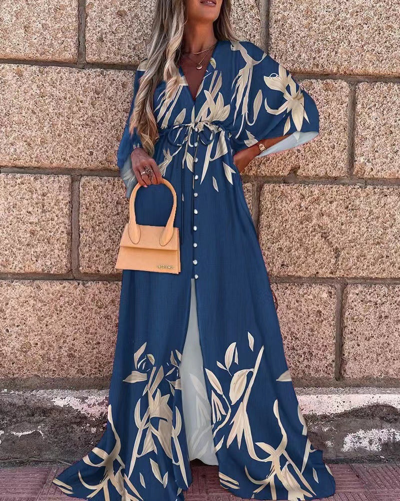 Damen Maxikleid mit tiefem V-Ausschnitt BindDruneand in Empire-Taille Kimonoärmeln und Frontschlitz Drune