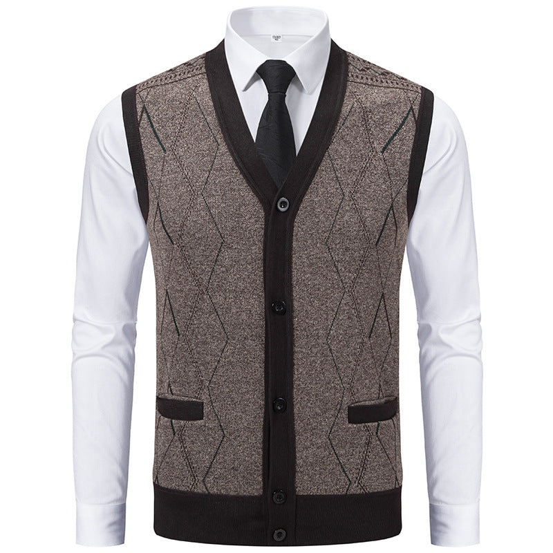 Herren Ärmellose Strickweste mit Rauten‑Muster, V‑Ausschnitt und Knopfleiste Drune