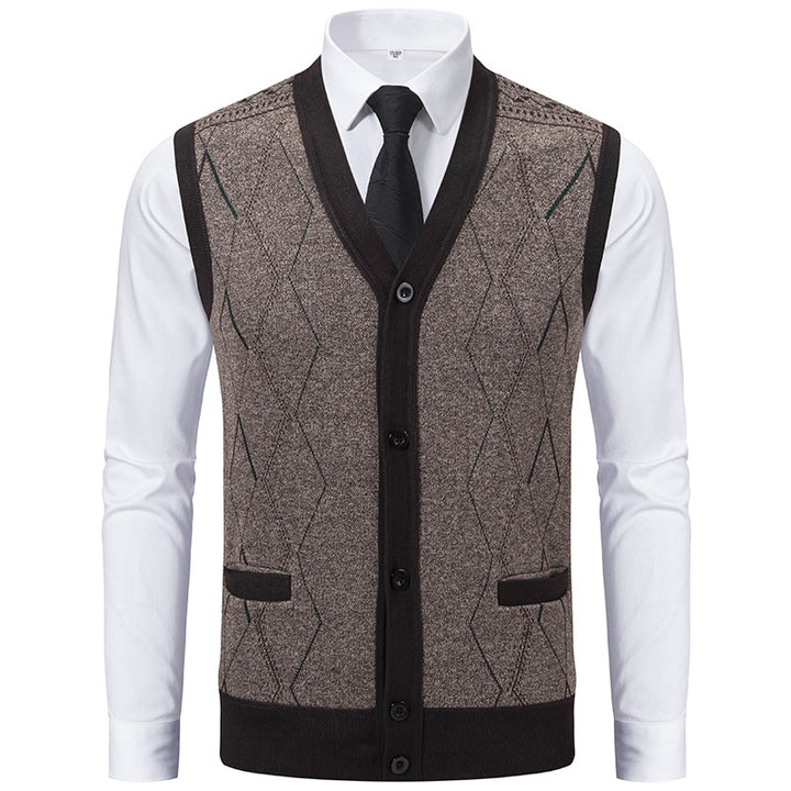 Herren Ärmellose Strickweste mit Rauten‑Muster, V‑Ausschnitt und Knopfleiste Drune