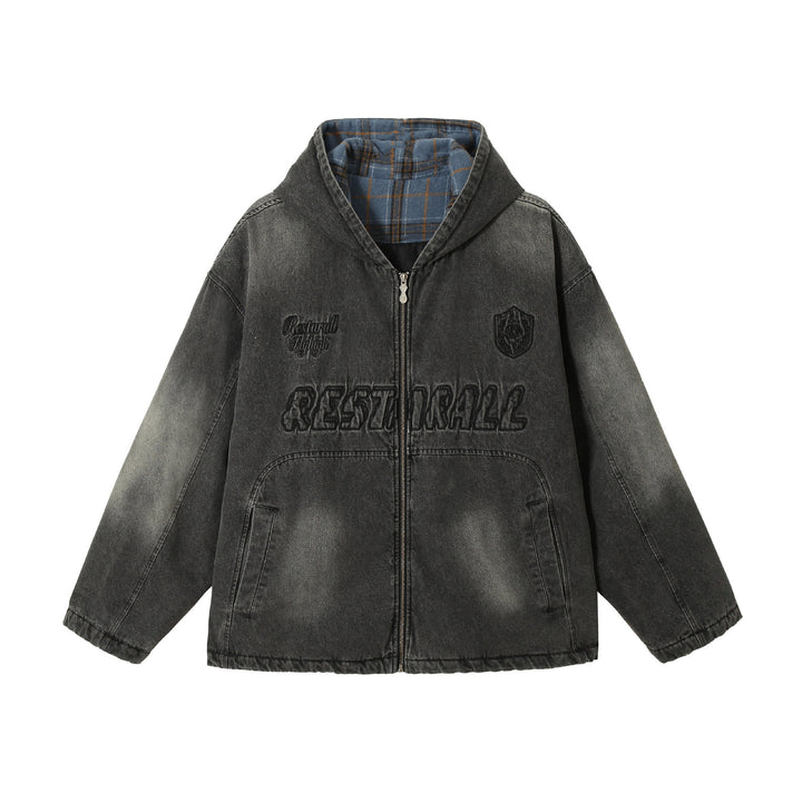 Herren Washed-Denim Kapuzenjacke im Oversize-Look mit kariert gefütterter Kapuze Drune