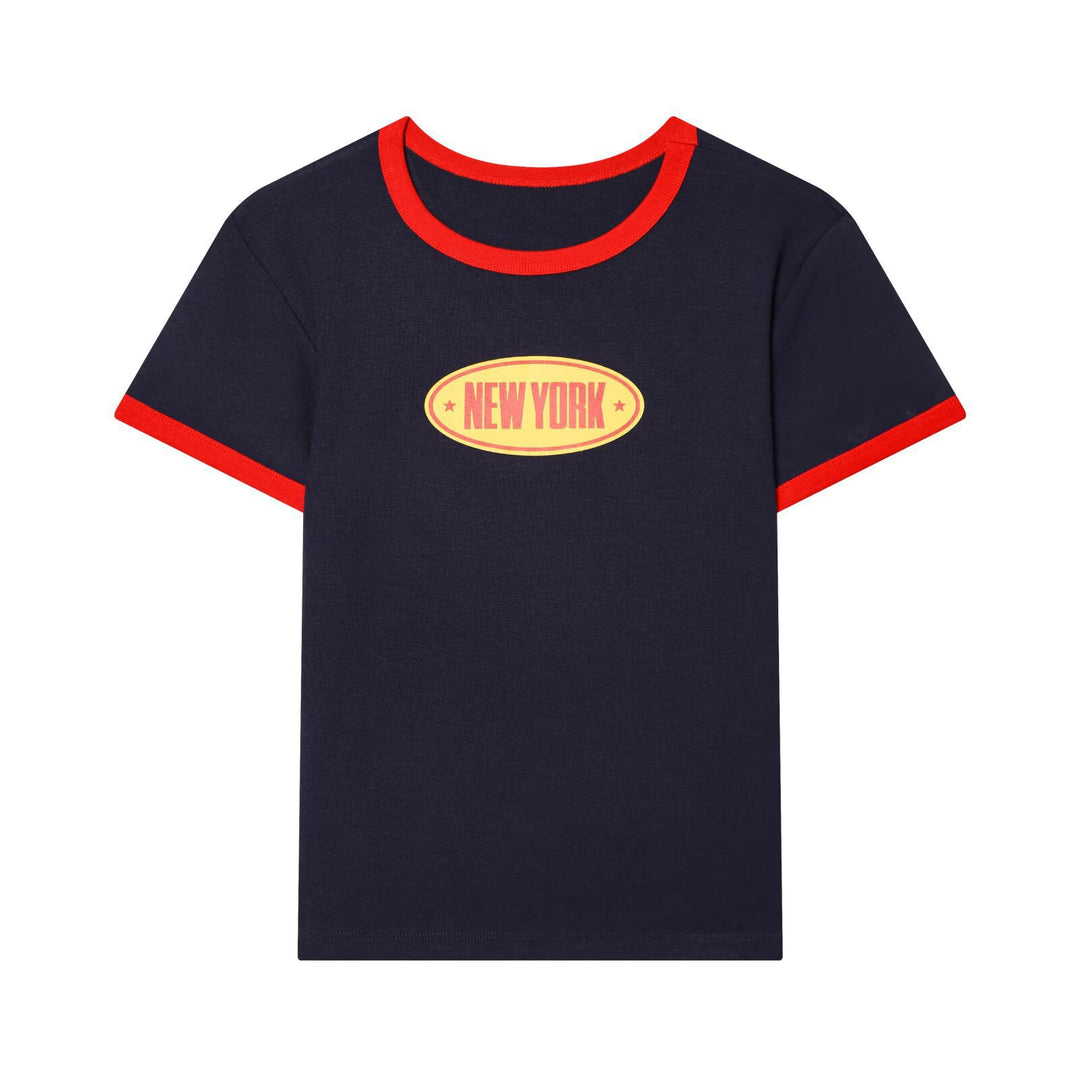 Damen Freizeit T-Shirt mit kontrastierenden Ärmeln und trendigem Schriftzug Drune