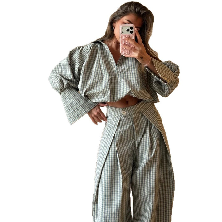 Damen Zweiteiliges kariertes Set mit Cropped Oversize-Hemd und weiter Bundfaltenhose Drune