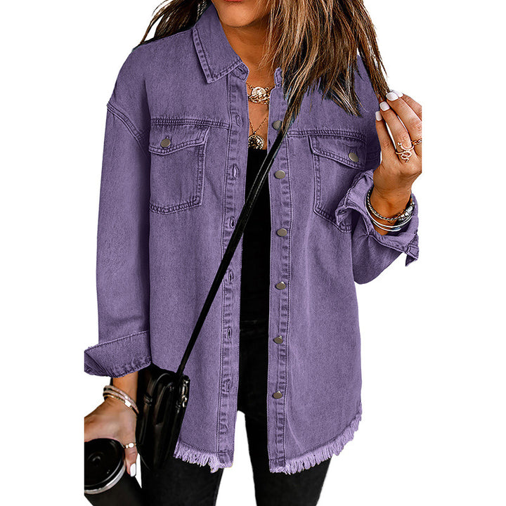 Damen Denim-Hemdjacke mit abgerundetem Saum und abnehmbaren Taschen Drune