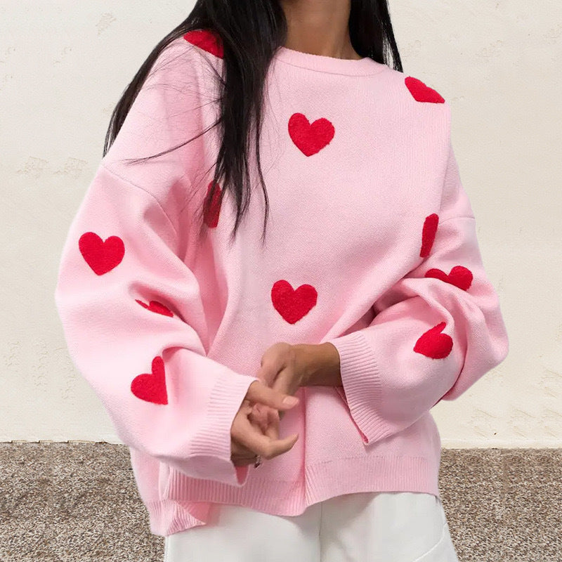Damen Oversize-Feinstrickpullover mit Allover-Herzintarsien und überschnittenen Schultern Drune