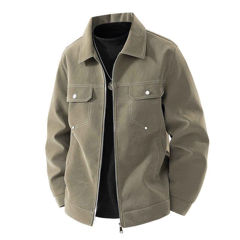 Herren Shirt-Jacke aus Veloursleder‑Optik mit kontrastierenden Ziernähten & Brustklappen Drune
