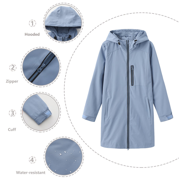 Damen nan lange schlanke Funktionsregenjacke mit durchgehendem Reißverschluss Brustreißverschlusstasche und Klettmanschetten Drune