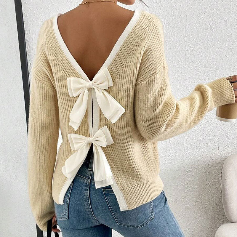Damen Strickpullover mit V-Ausschnitt und dekorativen Schleifen Drune